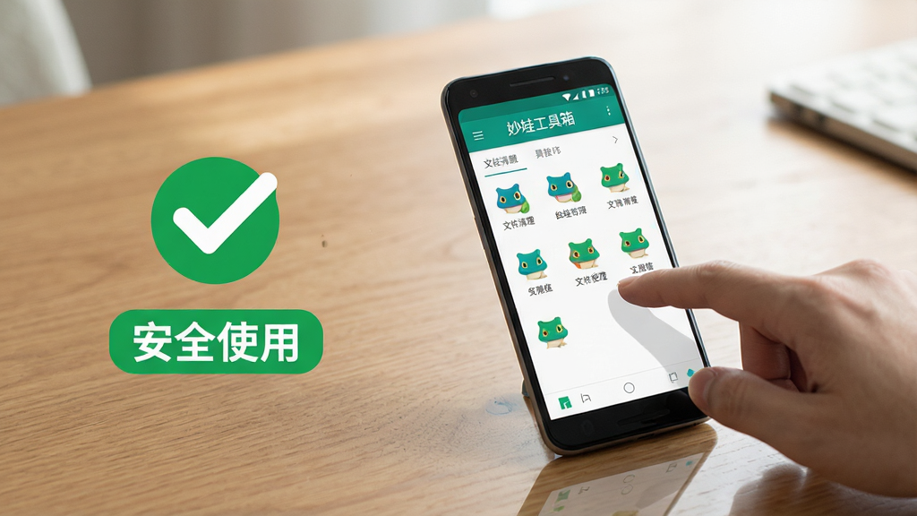 一张表现“妙蛙工具箱”新手使用场景的AI生图,画面主体是一部安卓手机放置在桌面上,屏幕显示妙蛙工具箱的文件清理界面,旁边有一只手正在点击屏幕,布局为手机居中偏右、左侧留白放置一个绿色对勾图标和“安全使用”文字标签,排版简洁明快,风格为生活化产品场景图,细节包含桌面木纹、柔和自然光和手机轻微倒影,画质高清,画面干净无多余元素