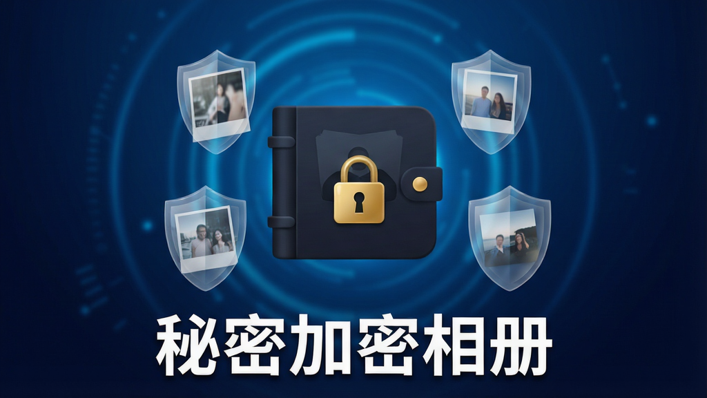手机屏幕中央展示一个带金色锁扣的深色相册图标,周围环绕漂浮的照片被半透明盾牌包裹,背景为深蓝渐变科技感光晕,画面下方用白色粗体字写“秘密加密相册”,整体风格简洁安全,布局居中对称,细节清晰,画质高清,干净无多余元素