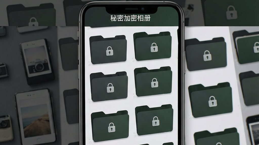 秘密加密相册功能界面展示,手机屏幕中排列多个加密相册文件夹,每个文件夹带小锁标识,界面配色为深灰与墨绿,顶部显示“秘密加密相册”字样,布局清晰,风格沉稳安全,画质高清,干净无多余元素