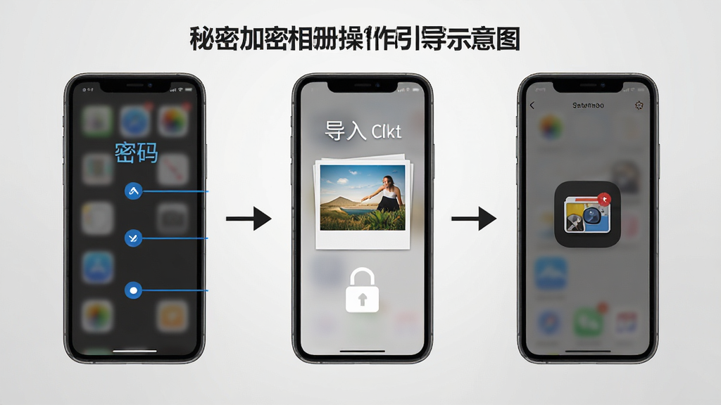 秘密加密相册操作引导示意图,手机屏幕分步展示设置密码、导入照片、伪装图标三个界面,步骤之间用箭头连接,背景为浅灰渐变,风格简洁教程风,布局清晰,画质高清,干净无多余元素