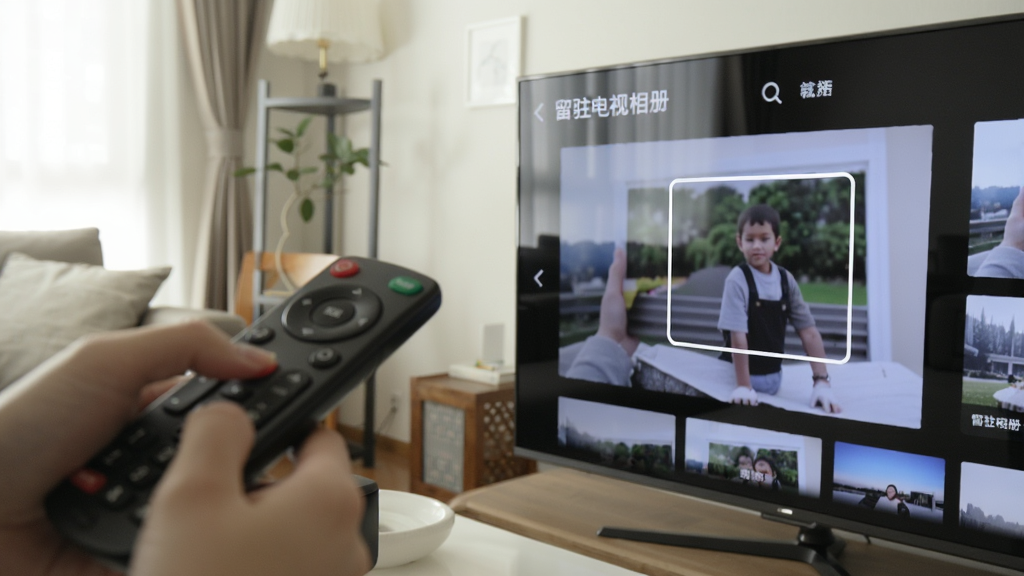 画面主体为一双手握着电视遥控器对准电视操作,电视屏幕上显示放大的照片浏览界面与清晰的焦点高亮框,布局为侧面视角、遥控器在前景虚化、电视在中景清晰,排版上人物手部占左侧三分之一、电视占右侧,风格为生活化写实摄影风格,细节包括遥控器按键纹理、电视屏幕反光、客厅环境虚化背景,画质柔和干净无多余元素,屏幕内带有