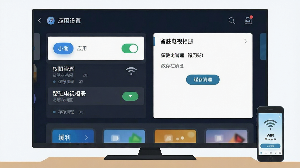 画面主体为电视屏幕上显示应用设置与权限管理界面,旁边放着一部手机显示WiFi连接状态,布局为电视居中、手机在右下角桌面,排版上界面元素清晰可辨、留有说明性空白,风格为科技感扁平插画风格,细节包括权限开关图标、WiFi信号标识、缓存清理按钮,画质干净清爽无多余元素,界面中带有