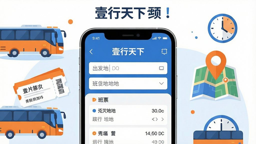 画面主体为一部竖屏智能手机,屏幕中央显示“壹行天下”汽车票购票界面,包含出发地目的地输入框与班次列表,手机周围以扁平化插画形式布置大巴车、车票、地图定位图标与时钟元素;布局采用居中构图,手机位于画面正中,辅助元素环绕四周;排版简洁,顶部预留标题区域;风格为现代扁平化UI插画风,配色以蓝色与白色为主,辅以橙色点缀;细节上屏幕内容清晰、图标线条干净;画质高清,画面干净,无多余元素