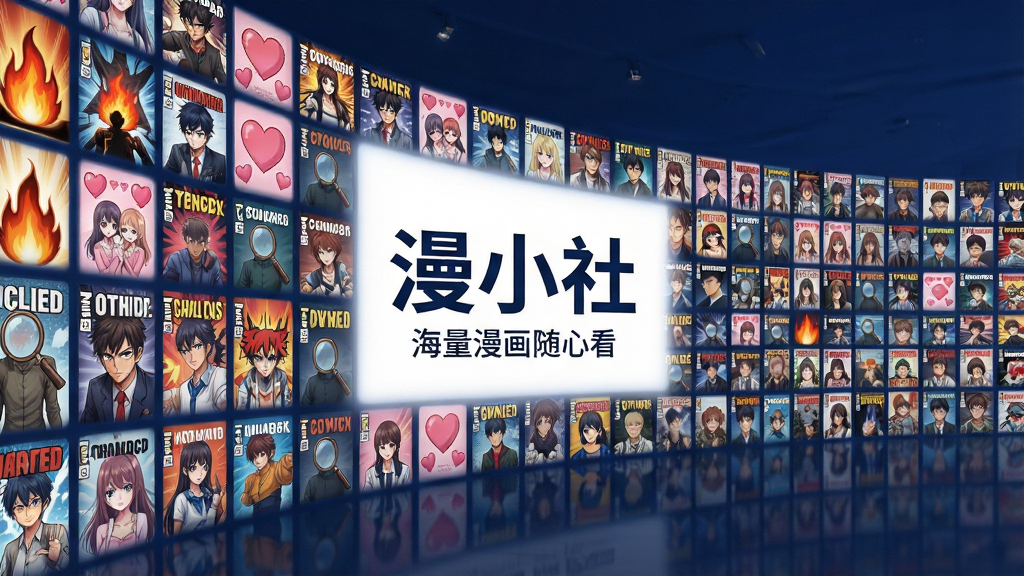 画面主体为一面由无数漫画封面拼接而成的弧形墙壁,每本封面代表不同题材;布局采用广角透视,墙面从画面左侧延伸至右侧深处,中心位置留出一块空白区域放置软件名称“漫小社”;排版上名称采用粗体无衬线字体,下方配一行小字“海量漫画随心看”;风格为现代科技感与二次元融合的视觉风格,色彩以深蓝为底色,封面墙发出柔和的彩色光晕;细节包括每本封面上可辨认的题材图标(如火焰代表热血、爱心代表恋爱、放大镜代表悬疑)、地面有轻微倒影效果;画质高清,画面干净整洁,无杂乱装饰元素