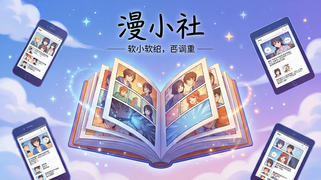 画面主体为一本悬浮在空中的彩色漫画书,书页向四周展开形成扇形,每页呈现不同风格的漫画分镜;布局采用中心构图,漫画书位于画面正中,周围环绕着手机、平板等设备轮廓;排版上软件名称“漫小社”以手写体风格置于画面顶部中央,下方为简洁的副标题区域;整体风格为清新明亮的二次元插画风,色彩以蓝紫渐变为主,搭配暖橙色点缀;细节包括书页边缘的发光粒子效果、设备屏幕中显示漫画阅读界面的缩略图、背景为柔和的云朵与星光;画质要求高清锐利,画面干净无多余元素,文字边缘清晰无锯齿