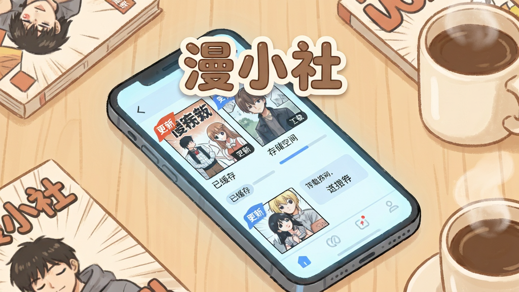 画面主体为一部智能手机斜放在桌面上,屏幕中显示漫画书架界面,书架上的漫画封面带有“更新”角标和下载进度条;布局采用俯视微侧角度,手机占据画面主要位置,旁边散落几本实体漫画书作为点缀;排版上软件名称“漫小社”以浮层形式出现在手机屏幕上方,字体圆润可爱;风格为生活化场景插画,色彩温暖柔和,以米白、浅木色为主基调,搭配屏幕发出的淡蓝色光;细节包括手机旁边有一杯冒着热气的咖啡、书架界面中可看到“已缓存”标签和存储空间提示条;画质清晰,画面干净,无多余杂物