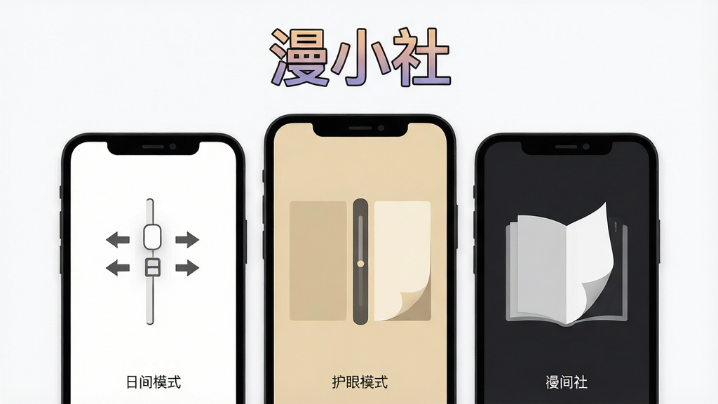 画面主体为三块并排的手机屏幕,分别展示漫小社的三种阅读模式界面白色背景的日间模式、米黄色背景的护眼模式、深色背景的夜间模式;布局采用横向排列,三块屏幕略微错开形成层次感;排版上软件名称“漫小社”居中置于三块屏幕上方,采用渐变描边字体;风格为扁平化UI展示风格,色彩对比清晰,以白、米黄、深灰三种背景色区分;细节包括每块屏幕中显示不同的翻页动画示意(滑动箭头、滚动条、书页卷曲效果)、屏幕下方标注模式名称小字;画质锐利,画面干净,无多余装饰