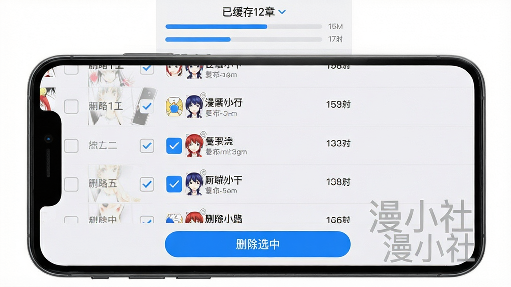 画面主体为一部手机屏幕特写,屏幕上显示漫小社的缓存管理界面,列表中有多条漫画章节条目,部分条目前方有勾选框,底部有“删除选中”按钮;布局采用正面平视角度,手机占据画面中央,周围留白;排版上软件名称“漫小社”以半透明水印形式出现在屏幕右下角;风格为简洁的UI界面展示风格,色彩以白色和浅灰色为主,按钮使用蓝色高亮;细节包括屏幕上方显示存储空间进度条、每条章节右侧标注文件大小、界面顶部有“已缓存12章”的提示文字;画质清晰锐利,画面干净无多余元素