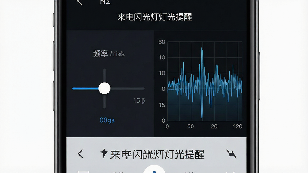 一张展示闪光灯频率调节界面的示意图,主体为手机屏幕上的滑动条与波形图,布局采用左右分栏结构,左侧为频率滑块,右侧为实时波形预览,风格为深色科技感UI风格,细节包含波形起伏变化与数值刻度,画质清晰干净,画面中文字为“来电闪光灯灯光提醒”,无多余元素。