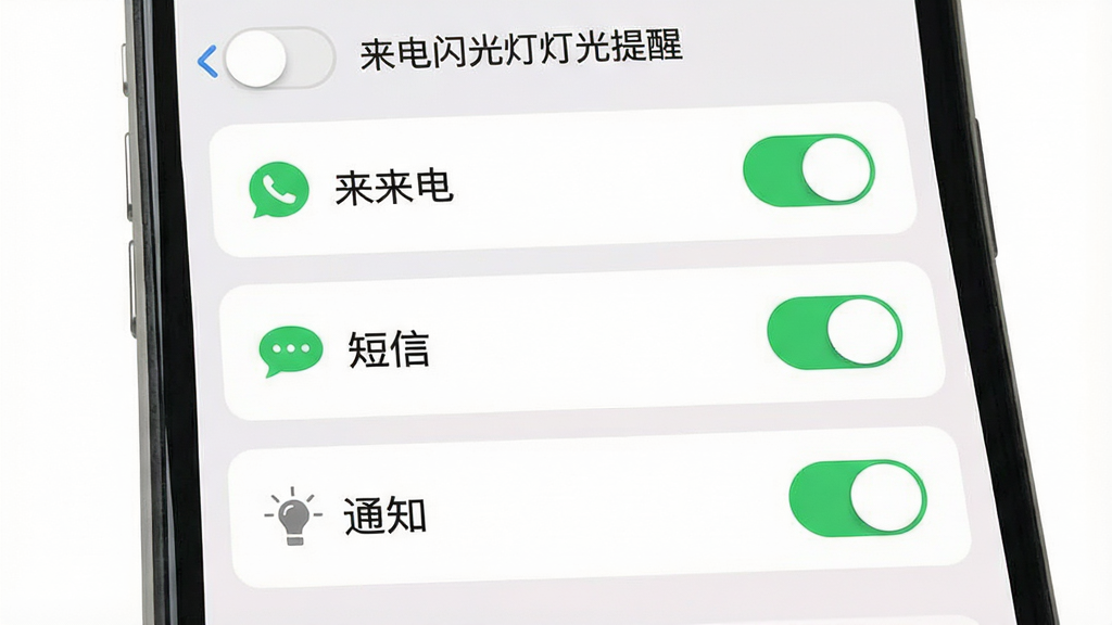 一张以“来电闪光灯灯光提醒”功能为主题的界面示意图,主体为手机屏幕上的设置面板,面板中排列着来电、短信、通知三个开关选项,布局采用上下排列的卡片式设计,风格为扁平化浅色UI风格,细节包含开关按钮的高亮状态与图标点缀,画质清晰干净,画面中文字标注为“来电闪光灯灯光提醒”,无多余装饰元素。
