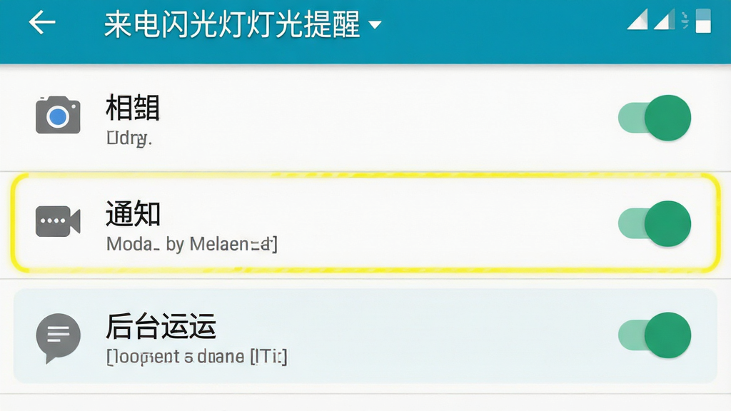 一张展示手机权限设置界面的示意图,主体为安卓系统设置页面中的应用权限管理列表,布局采用纵向列表结构,风格为简洁系统UI风格,细节包含相机、通知、后台运行三项权限的开启状态与高亮标注,画质清晰干净,画面中文字为“来电闪光灯灯光提醒”,无多余元素。