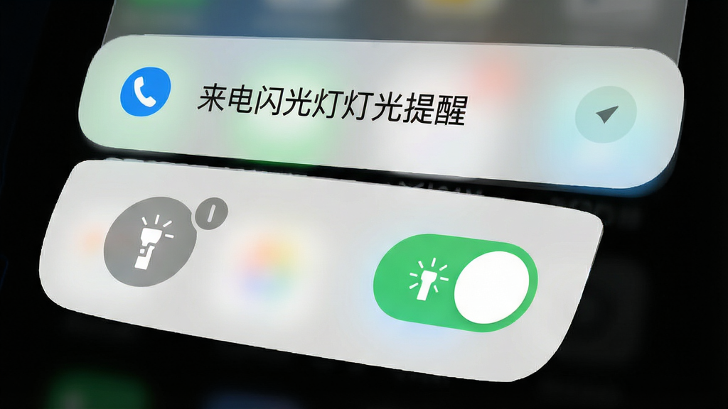 一张展示手机通知栏快捷开关的示意图,主体为下拉通知栏面板,面板中包含一个闪光灯形状的快捷开关按钮,布局采用顶部下拉展开的视角,风格为清爽浅色系统UI风格,细节包含开关按钮的开启高亮状态与通知栏背景的毛玻璃效果,画质清晰干净,画面中文字为“来电闪光灯灯光提醒”,无多余元素。