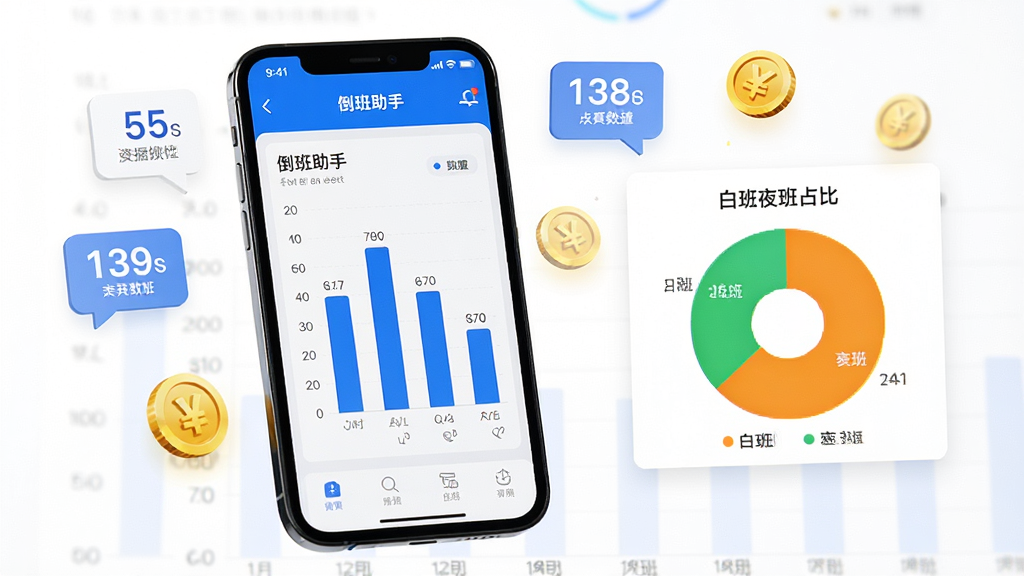 一部手机横屏展示倒班助手工时统计页面,页面中包含柱状图和饼图,柱状图用蓝色表示工时数据,饼图用橙色和绿色区分白班夜班占比,手机旁边漂浮着数字统计图标和金币图标,背景为白色简洁风格,布局为手机居中偏左图表元素环绕右侧,风格为数据可视化商务风,细节上图表清晰可见