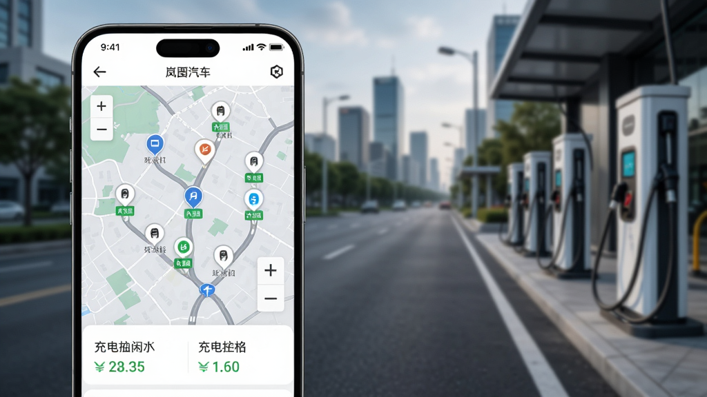 画面主体为手机屏幕显示“岚图汽车”APP充电地图界面,地图上标注多个充电站图标,下方显示充电桩空闲数量与价格信息;布局上手机位于画面左侧,右侧为虚化的城市道路与充电站实景;排版采用左右对比构图;风格为科技感UI展示结合实景摄影;细节包括地图缩放控件、充电桩状态颜色区分、手机边框高光;画质清晰,画面干净整洁。