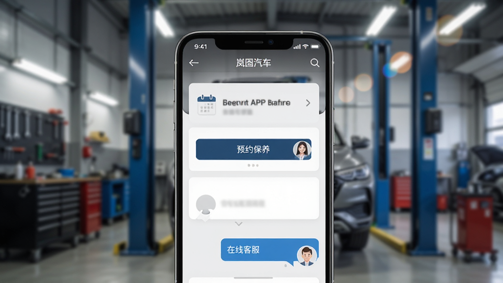 画面主体为手机屏幕显示“岚图汽车”APP售后服务页面,页面中包含预约保养按钮与在线客服对话框;布局上手机位于画面中央,背景为虚化的汽车维修车间,工具与设备隐约可见;排版为居中构图,突出手机界面;风格为专业商务摄影,色调偏中性灰与蓝色;细节包括屏幕上的日历图标、客服头像、车间灯光光斑;画质清晰,画面干净。