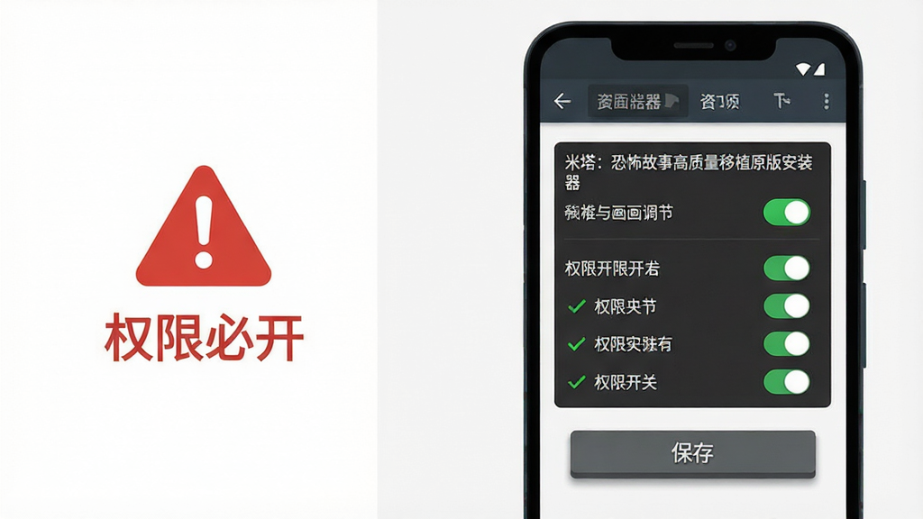 一张手机屏幕展示安装器设置界面,主体为安卓手机正面,屏幕上显示“米塔:恐怖故事高质量移植原版安装器”的画质调节与权限开关面板,布局为手机居中偏右,左侧留白放置一个红色警告图标与文字“权限必开”,排版采用左右分栏构图,风格为扁平化工具类UI风格,细节包括开关按钮的绿色高亮状态、权限列表的勾选标记、底部保存按钮的阴影层次,画质清晰干净,无多余元素