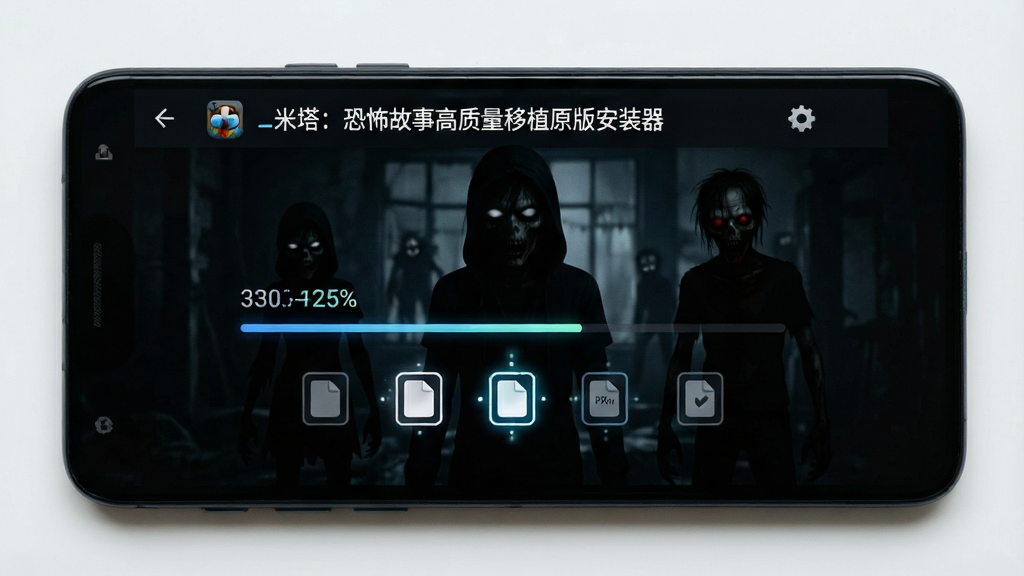 一张手机界面特写,主体为安卓手机屏幕显示“米塔:恐怖故事高质量移植原版安装器”的资源导入进度界面,布局为手机正面平放,屏幕内容占据画面主体,排版采用居中对称构图,风格为科技感暗色UI风格,细节包括进度条上的百分比数字、文件图标依次点亮的动画效果、背景中若隐若现的恐怖游戏角色剪影,画质高清干净,无多余元素
