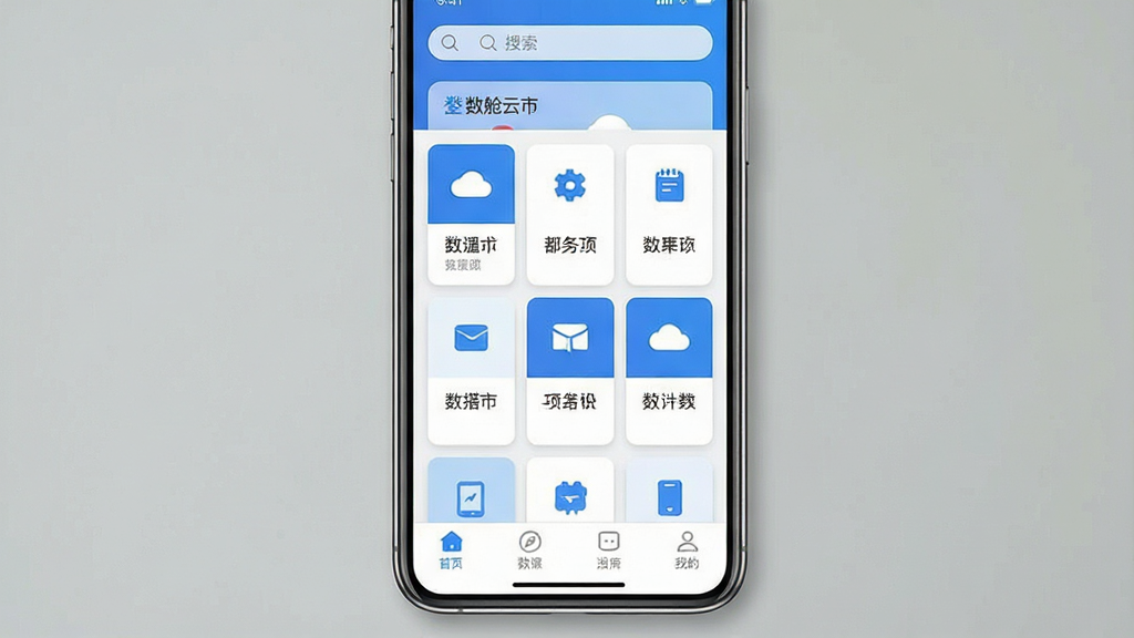 一张手机应用界面展示图,画面中央是一部竖屏智能手机,屏幕上显示名为“数舱云市”的应用主界面,界面顶部为搜索栏,中部为分类卡片网格,底部为导航栏,整体布局干净整齐,风格为现代简约扁平化设计,配色以蓝白为主,细节包含图标、卡片阴影与文字标签,画质清晰,画面干净,无多余元素