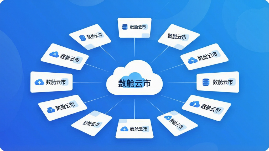 一张展示云端资源聚合概念的插画,画面主体为多个悬浮的数字化卡片围绕一个中心云朵图标排列,卡片上带有“数舱云市”文字标识,布局呈放射状,风格为科技感扁平插画,细节包含渐变蓝色背景、细线条连接、简洁图标,画质清晰,画面干净,无多余元素