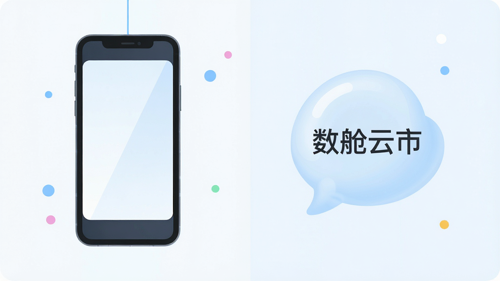 一张表现轻量运行概念的示意图,画面主体为一部手机与一个轻盈的气泡状图标并排,气泡内写有“数舱云市”字样,布局为左右对比式,风格为清爽扁平化设计,细节包含浅色背景、简洁线条、少量装饰圆点,画质清晰,画面干净,无多余元素