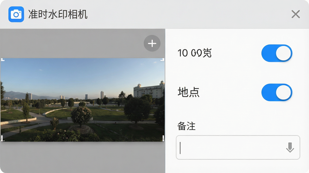 手机应用界面特写,主体为水印编辑面板,布局左侧为取景画面右侧为水印设置选项,排版包含时间开关、地点开关、备注输入框三个模块,风格为扁平化移动端UI设计,细节包含“准时水印相机”应用名称标识、蓝色高亮按钮,画质清晰干净,无多余元素