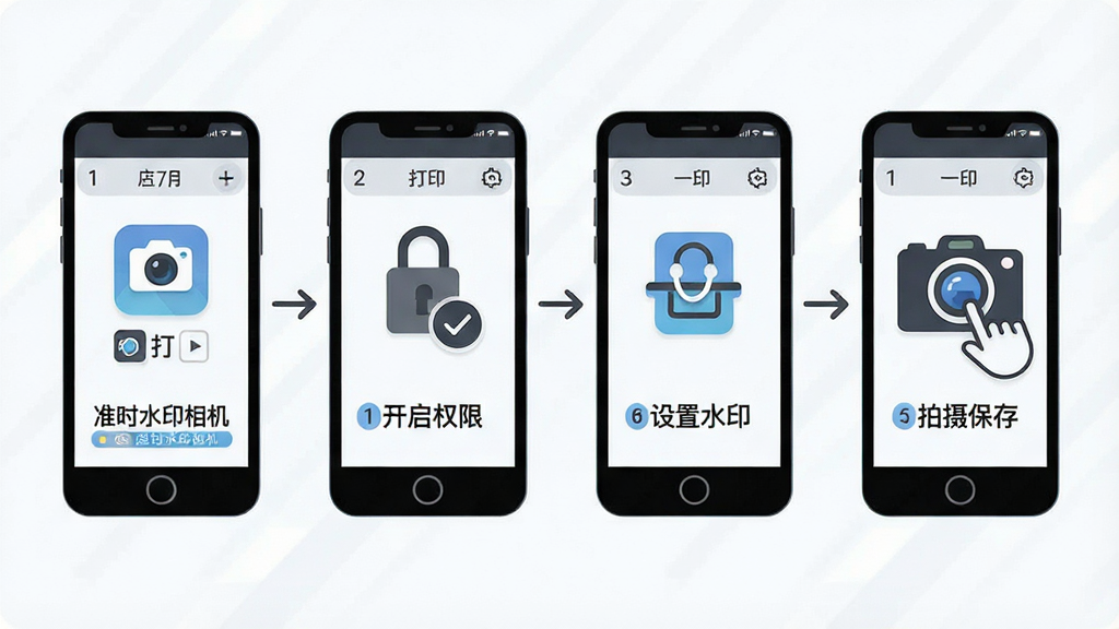 一张信息图表式插画,主体为手机操作流程示意,布局从左到右依次为打开应用、开启权限、设置水印、拍摄保存四个步骤图标,排版为横向流程图,风格为简约商务插画,细节包含“准时水印相机”文字标识与步骤编号,画质清晰干净,无多余元素