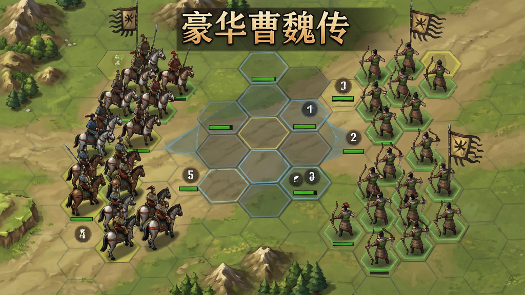 六边形战棋战场俯视视角,主体为曹魏骑兵与弓兵阵列对峙,布局为对角线构图、双方阵营分列两侧,排版中央突出战场网格,风格为策略游戏界面插画,细节包含地形高低差、兵种图标、行动力指示与战旗,画质清晰、干净、无多余元素,画面中打文字“豪华曹魏传”