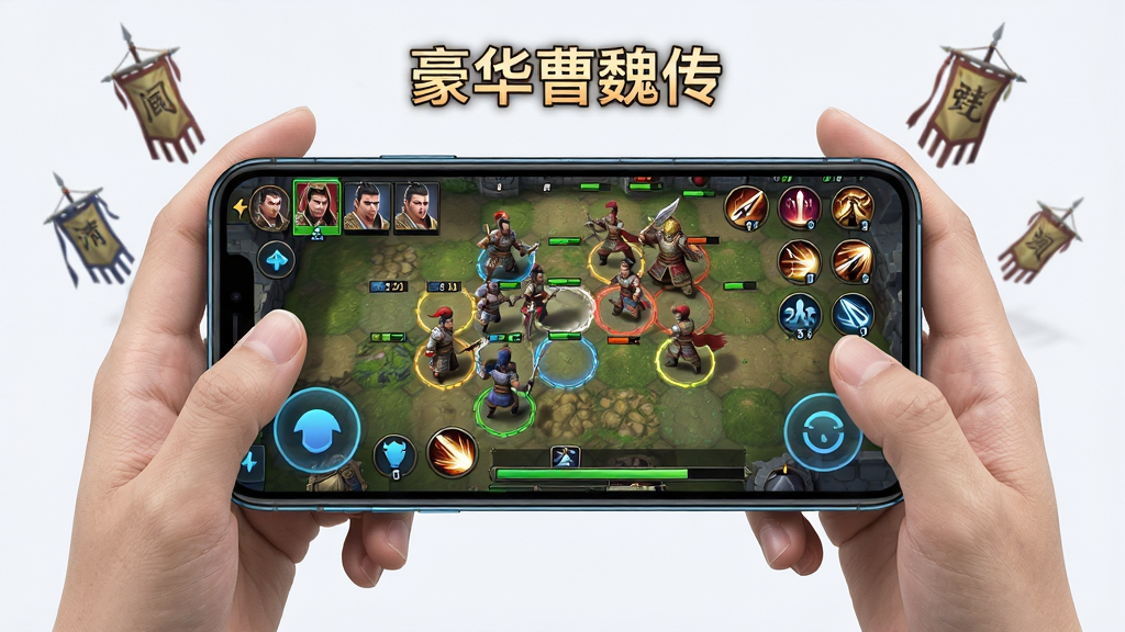 手机屏幕显示战棋游戏战斗界面,主体为掌中手机与悬浮的游戏战场,布局为手机居中、战场元素环绕四周,排版突出移动端操作按钮,风格为科技感游戏展示图,细节包含触控按钮、武将头像栏、技能图标与进度条,画质清晰、干净、无多余元素,画面中打文字“豪华曹魏传”