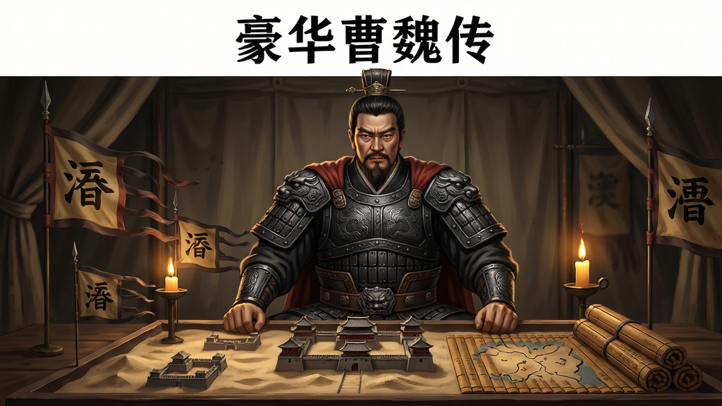 画面主体为一位身披玄色重甲的三国谋士端坐于军帐之中,面前沙盘上插满曹魏军旗,布局为居中构图、人物占画面三分之二,排版上方留白放置标题区域,风格为写实国风插画,细节包含铠甲纹路、烛火光影、沙盘城池模型与竹简地图,画质高清、干净、无多余元素,画面中打文字“豪华曹魏传”