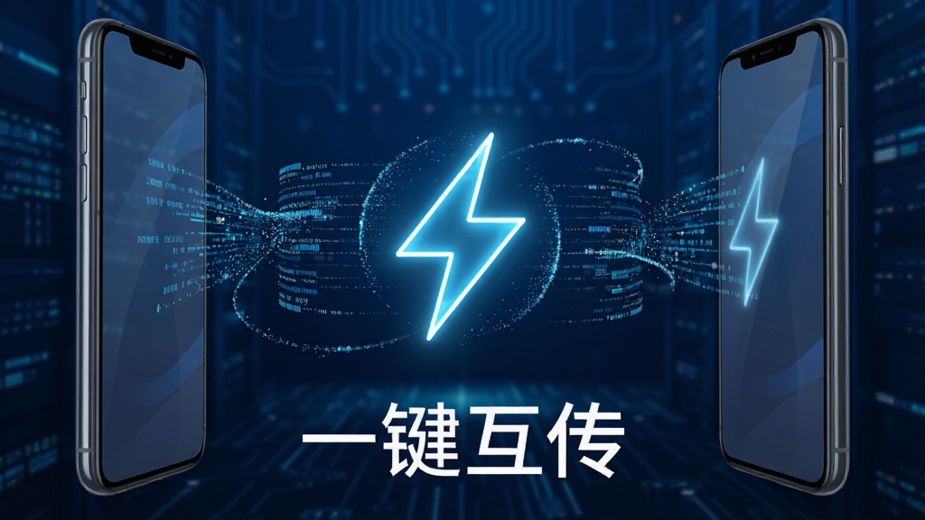 两部手机屏幕相对,中间悬浮着一个发光的闪电符号,周围环绕着数据流线条,背景是深蓝色科技感场景,画面中央下方用白色字体写着“一键互传”,整体风格简洁现代,细节上数据流呈现粒子效果,画质高清干净,无杂乱元素