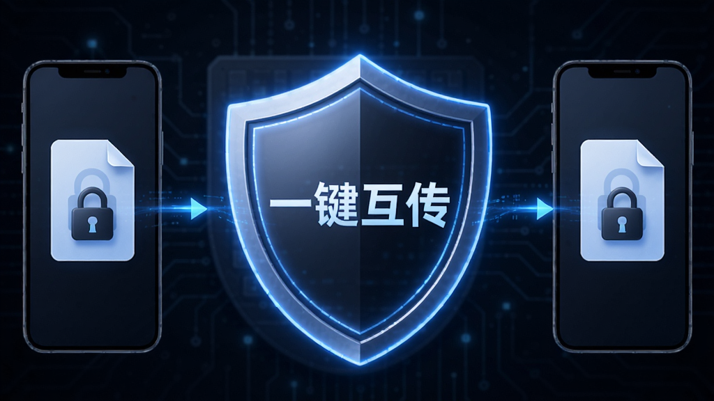 画面中央是一个发光的盾牌图标,盾牌上写着“一键互传”,盾牌两侧各有一部手机正在传输文件,文件图标上带有锁形标记,背景为深色安全主题风格,布局居中对称,细节上盾牌边缘有蓝色光效,画质清晰锐利,干净无杂乱