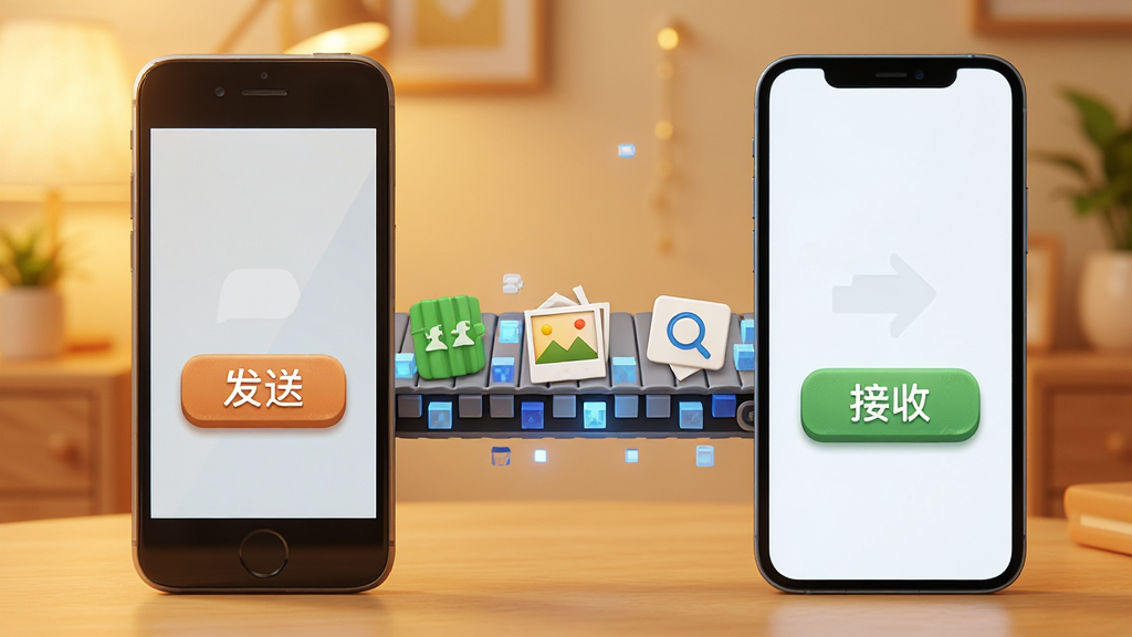 画面展示一部旧手机与一部新手机并排,旧手机屏幕显示“发送”按钮,新手机屏幕显示“接收”按钮,两者之间有一条由数据方块组成的传送带,传送带上载着通讯录、照片、聊天记录等图标,背景为暖色调温馨风格,布局清晰,细节上按钮带有立体质感,画质高清,无多余元素