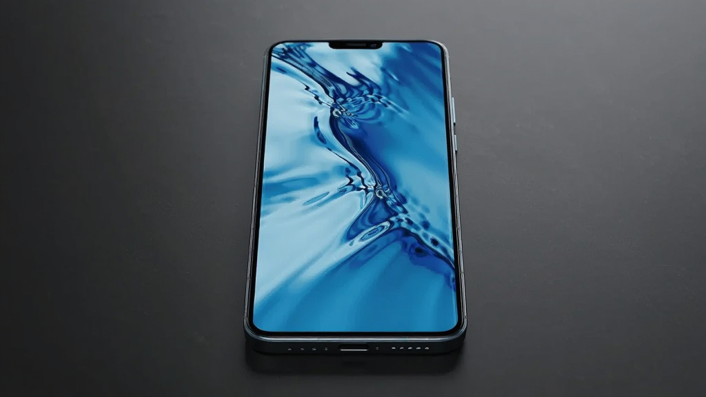 主体为一部智能手机放置在深色桌面上,屏幕中显示流动的蓝色液体壁纸效果,布局采用居中构图,手机略微倾斜,排版突出屏幕画面,风格为现代科技感与极简主义结合,细节包括液体波纹的高光反射与屏幕边缘的微光,画质清晰干净,无多余元素