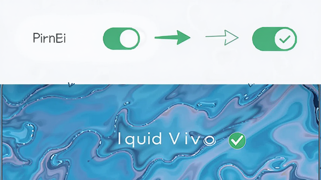 主体为手机屏幕显示设置权限界面与LiquidVivo壁纸效果并列,布局为上下分层构图,上方为权限开关图标,下方为液体壁纸预览,排版清晰展示操作步骤,风格为扁平化教程插图风格,细节包括绿色勾选标记与箭头指引,画质干净整洁,无多余元素