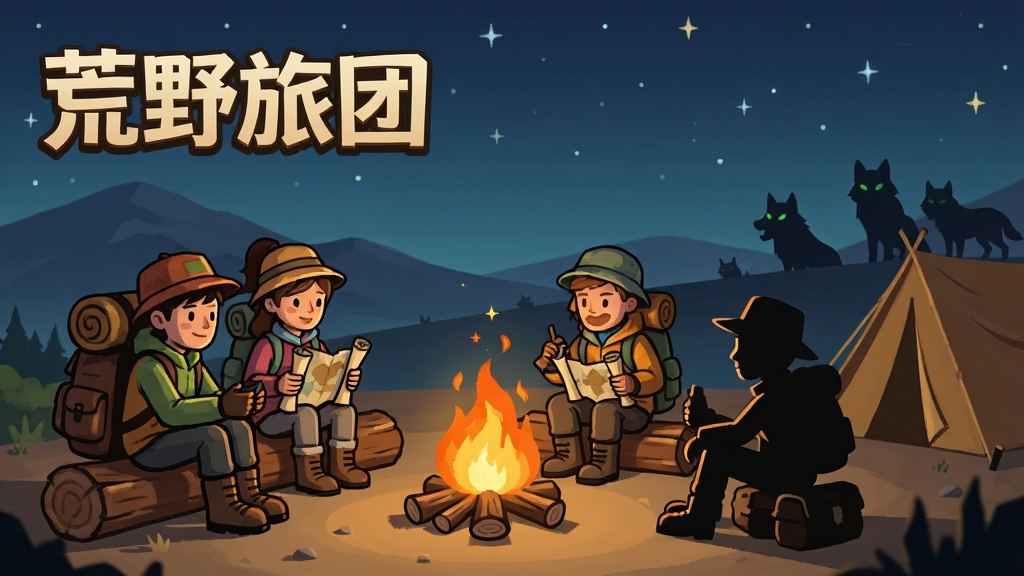 画面主体为一群身穿户外装备的卡通旅人围坐在荒野篝火旁,背景是星空与连绵山丘,布局为横向宽幅构图,左侧放置游戏名称“荒野旅团”字样,右侧为人物剪影与帐篷,风格为写实卡通插画,细节包括篝火火星、背包、地图卷轴、远处狼群绿眼,画质清晰干净,色彩低饱和暖调,无多余元素