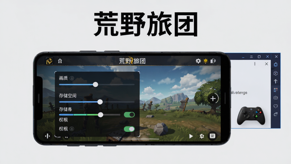 画面主体为一部安卓手机屏幕显示荒野旅团游戏设置界面,旁边放置模拟器窗口与手柄图标,布局为居中对称构图,上方标注“荒野旅团”标题,风格为科技产品展示图,细节包括画质选项滑块、存储空间进度条、权限开关,画质清晰锐利,背景浅灰干净