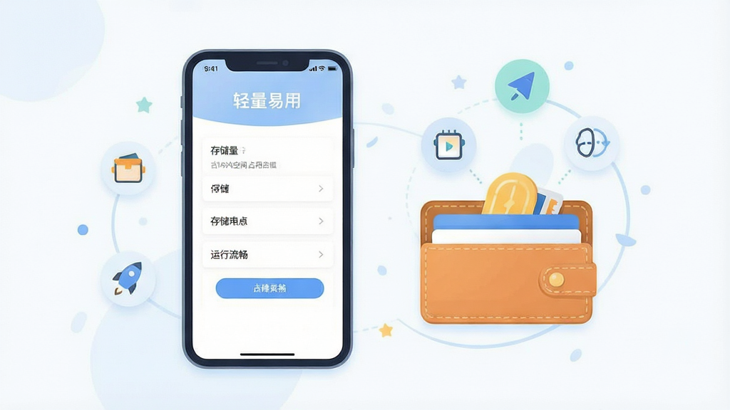 一张体现“轻量易用”特点的示意图,画面主体是一部手机与一个轻巧的卡包图标并排摆放,手机屏幕上显示简洁的录入表单界面,旁边用少量漂浮的小图标表示存储空间占用低、运行流畅,布局左右均衡,风格为清爽扁平插画风,细节上突出轻盈感与简洁表单,画质干净明亮,无多余元素