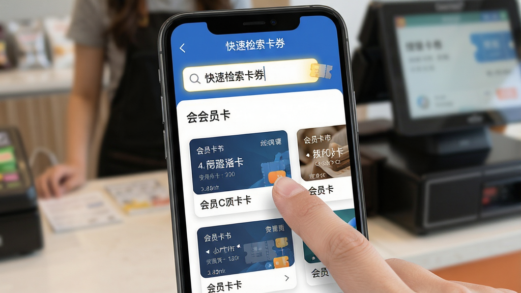 一张表现“快速检索卡券”功能的场景图,画面中心是手机屏幕特写,搜索框内输入商家关键词后下方即时弹出匹配的会员卡结果列表,手指正点击其中一张卡片,背景为虚化的收银台环境,布局以手机屏幕为视觉焦点,风格为写实产品演示风,细节上突出搜索高亮与卡片缩略图,画质清晰干净,无多余装饰元素