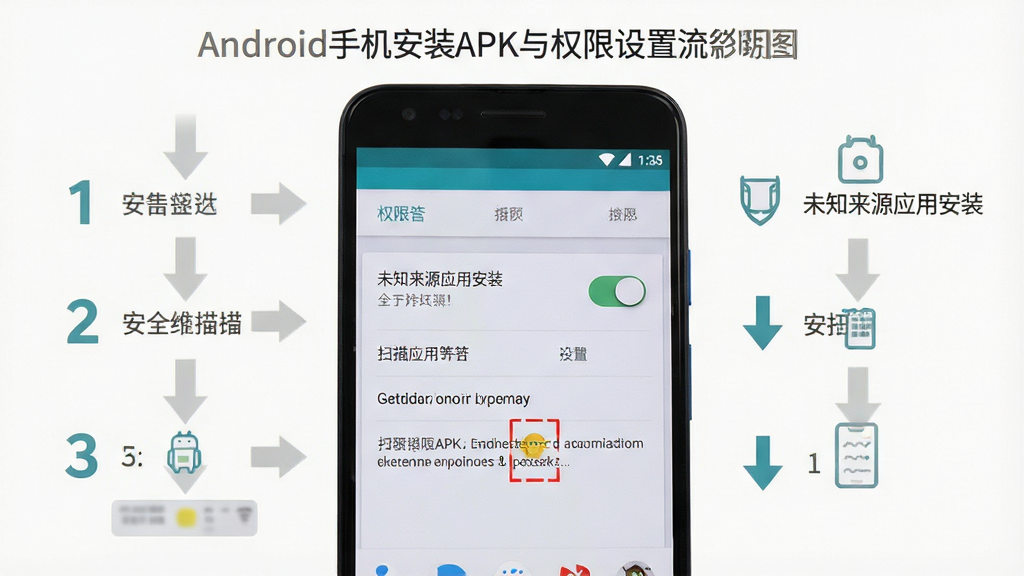 一张表现安卓手机安装APK与权限设置流程的说明图,画面主体是一部手机屏幕展示“未知来源应用安装”设置开关界面,旁边配有简洁的步骤序号图标,布局为纵向流程图式排版,风格为清晰教程示意风,细节上突出权限开关与安全扫描提示,画质干净利落,无多余元素