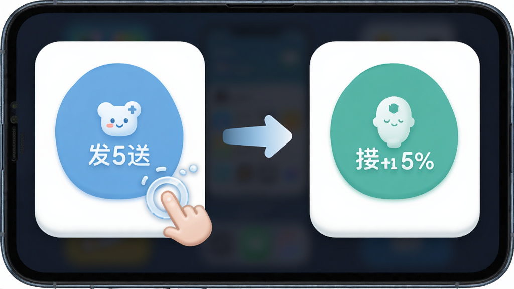 换机文件互传操作引导界面示意图,画面展示手机屏幕上的发送与接收两个大按钮,中间有箭头指示连接过程,布局居中突出核心操作区,风格为友好亲和的圆角卡片设计,细节包含手指点击动画示意与进度百分比,画质清晰,画面干净,无多余元素