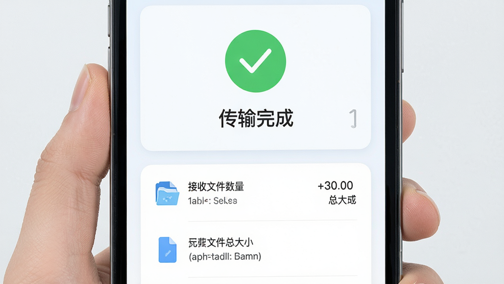 换机文件互传传输完成界面示意图,画面展示手机屏幕上的绿色对勾与「传输完成」字样,下方列出已接收文件数量与总大小,布局上下结构清晰,风格为清爽的浅色卡片式设计,细节包含文件分类统计小图标,画质高清,画面干净,无多余元素