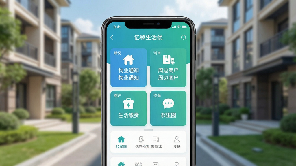 一张展示社区生活服务应用界面的手机样机图,画面中央是一部竖屏智能手机,屏幕内显示“亿邻生活优”应用的主页,包含物业通知、周边商户、生活缴费、邻里圈等模块入口,界面采用清爽的蓝绿色调,背景为虚化的现代小区环境,整体风格简洁明快,画质清晰,构图干净,无多余装饰元素