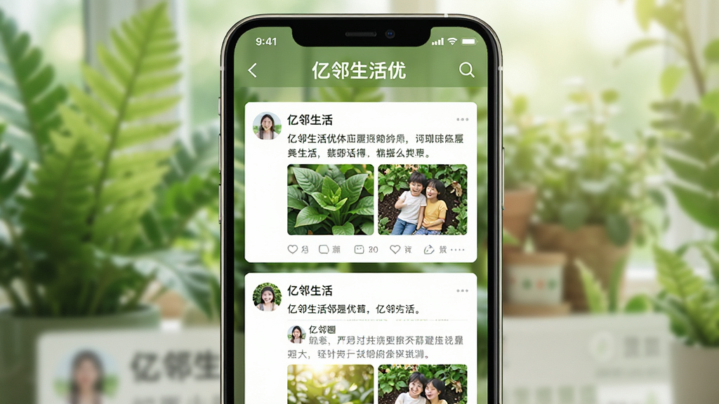 手机应用内邻里圈信息流界面截图风格图,屏幕中展示多条社区用户发布的动态卡片,包含文字与缩略图,顶部有“亿邻生活优”字样标识,整体界面风格清新自然,背景为模糊的绿植环境,画面明亮,画质清晰