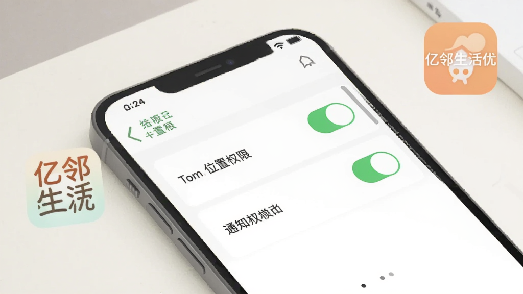 一张手机屏幕显示应用权限设置界面的示意图,画面中手机屏幕上有位置权限和通知权限的开关选项,旁边配有“亿邻生活优”应用图标,背景为简洁的浅色桌面,整体风格干净直观,画质清晰