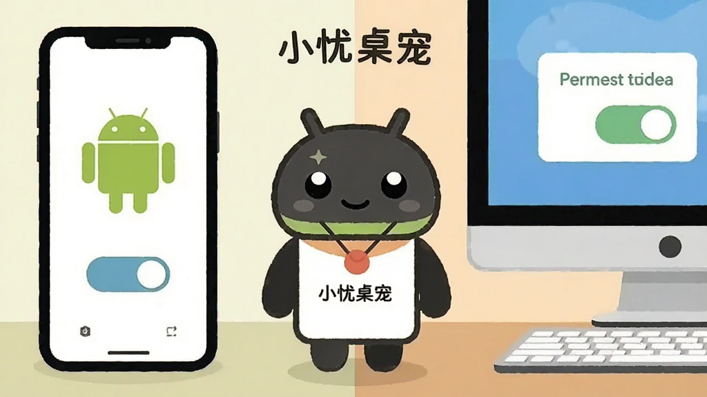卡通桌面小宠物站在手机屏幕与电脑屏幕之间,主体位于画面中央,布局为左右分屏对比,风格为简洁明快的扁平插画,细节包括安卓机器人图标、电脑显示器、权限开关按钮,画质清晰干净,画面中打文字“小忧桌宠”,无多余元素