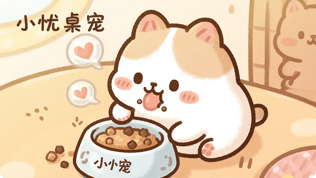 卡通桌面小宠物正在吃食物,主体位于画面中央,布局为近景特写,风格为柔和圆润的卡通插画,细节包括小碗、食物颗粒、爱心气泡和桌面背景,画质清晰干净,画面中打文字“小忧桌宠”,无多余元素