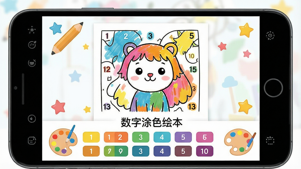 一幅明亮的数字涂色绘本应用界面展示图,主体为手机屏幕中显示一张带有数字编号的线稿画布,画布上部分区域已填充鲜艳色彩,屏幕下方排列整齐的数字色板,布局居中对称,排版干净利落,风格为清新卡通扁平化,细节包含铅笔、调色盘、小星星装饰元素,画面中文字标注“数字涂色绘本”,画质高清,干净整洁,无多余元素