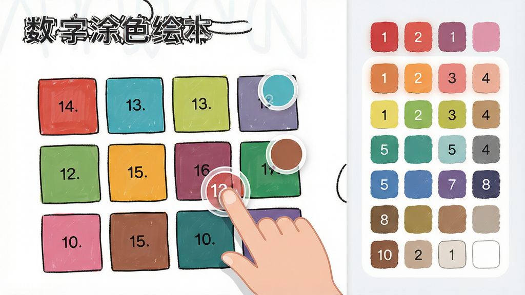 一张数字涂色绘本功能展示图,主体为画布局部特写,画面中每个色块内标有数字编号,旁边悬浮着对应数字的颜色小圆点,布局为左右分栏,左侧画布右侧色板,排版清晰有序,风格为现代简约插画风,细节包含手指点击色块的动态效果示意,画面中文字标注“数字涂色绘本”,画质清晰,干净清爽,无多余元素