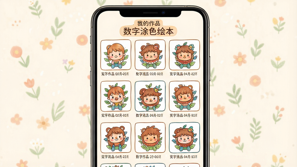 一张数字涂色绘本作品集界面展示图,主体为手机屏幕中排列整齐的已完成涂色作品缩略图网格,布局为三列网格排版,风格为温馨手账风,细节包含每张缩略图下方标注完成日期,顶部有“我的作品”文字标签,画面中文字标注“数字涂色绘本”,画质高清,干净整洁,无多余元素