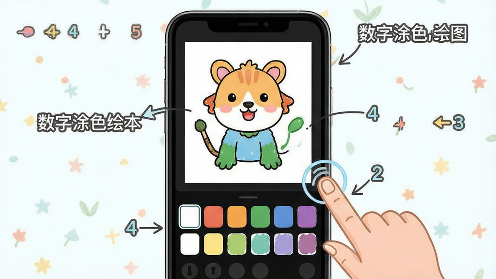 一张数字涂色绘本新手操作示意图,主体为手机屏幕中展示填色画布与底部色板的对照关系,布局为上下结构,上方画布下方色板,排版简洁明了,风格为清新教学插画风,细节包含手指点击色块的动作示意和数字标注箭头,画面中文字标注“数字涂色绘本”,画质清晰,干净整洁,无多余元素